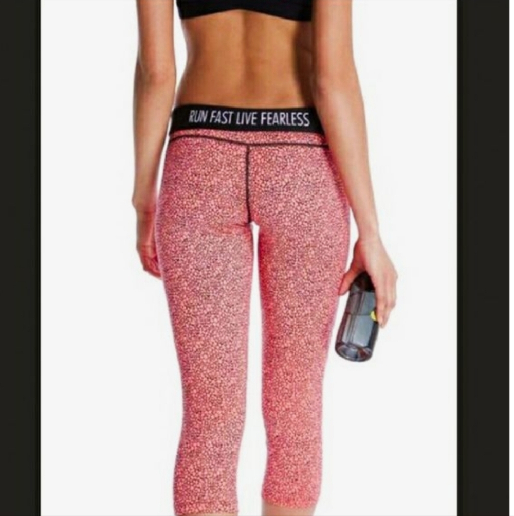 Nike-Dri Fit, Coral Pink/Black Patterned Running Crop Leggings Sz.Medium